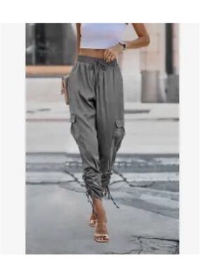 High-Waist Drawstring Satin Cargo Joggers - Gray